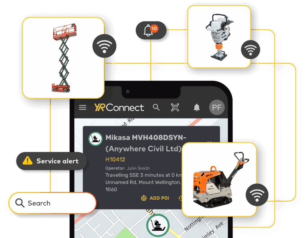 A group of images showing the YR Connect app on a smartphone. On top there are layers of images including machinery, notification dots, and service alert banners.